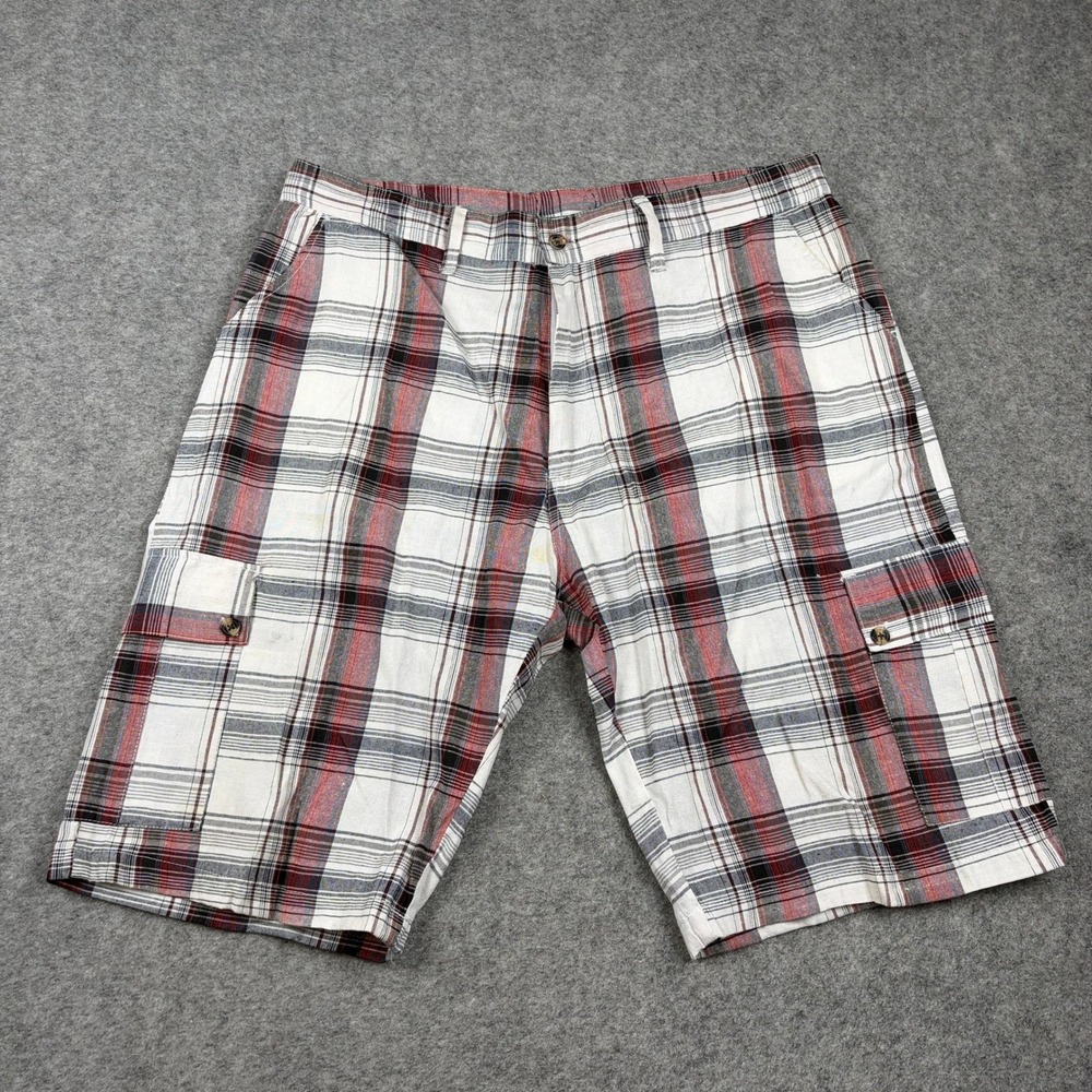 Y2K Brooklyn Unlimited Cargo Shorts Mens 38 Plaid Red White Black Casual Summer
